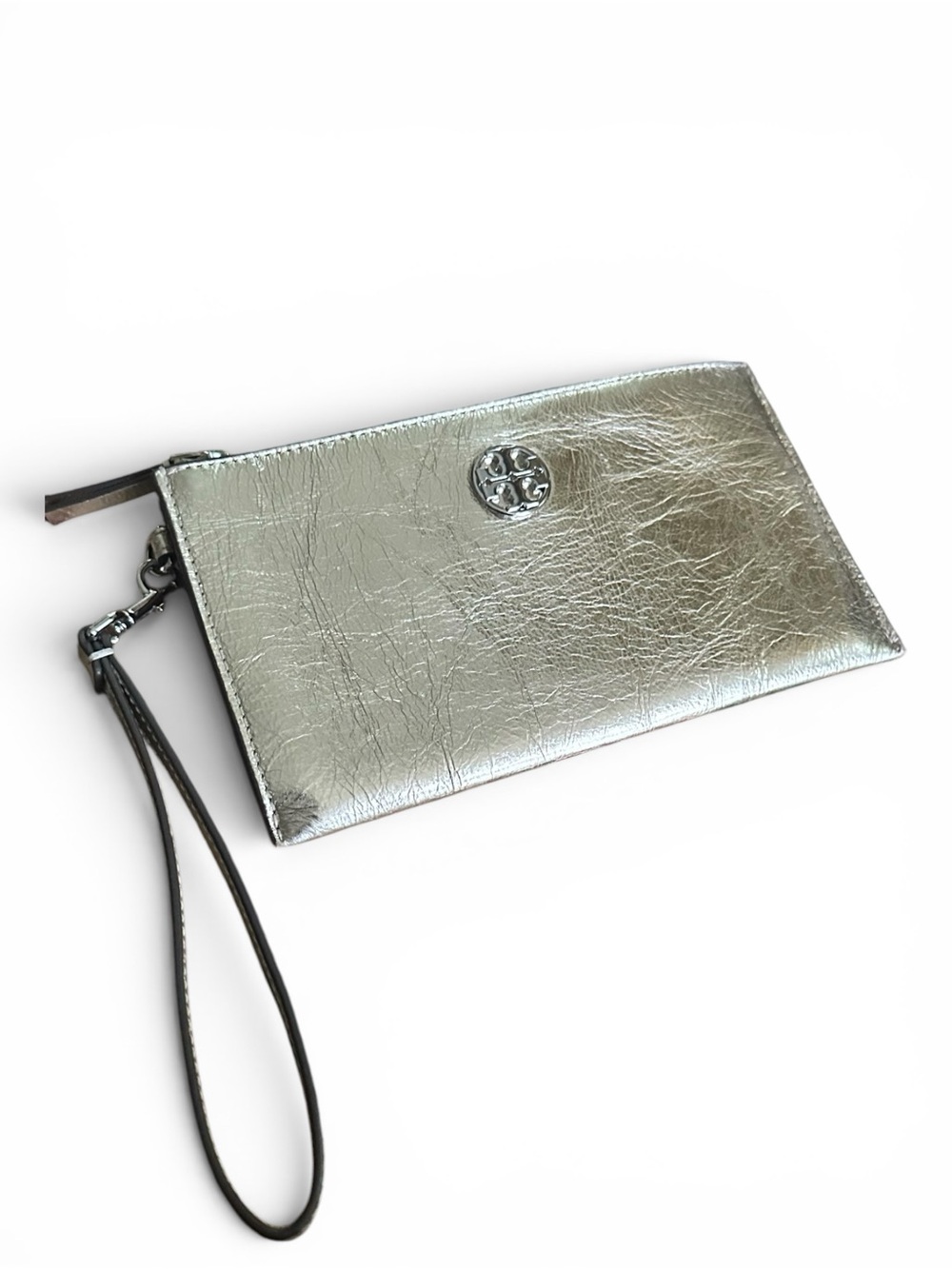 Tory Burch Metallic Silver Leather Wristlet Wallet NWOT Quiet Luxury Chic